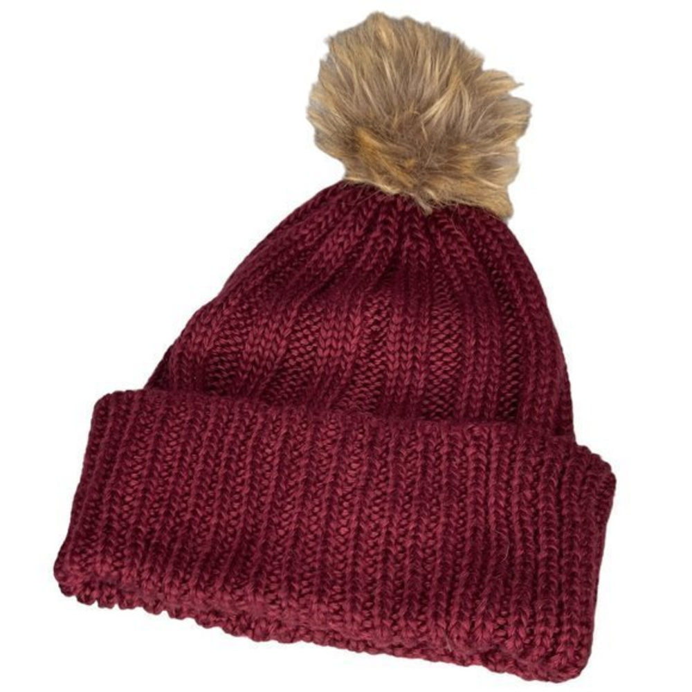 BCBGeneration Maroon Red Faux Fur Pom Pom Beanie‎ Stretch Knit Cozy Winter Hat